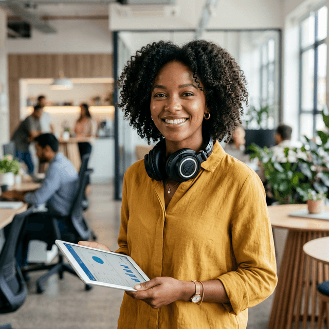 Professional woman smiling with tablet